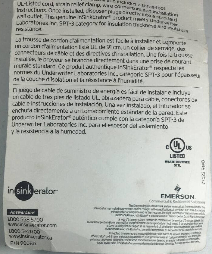 Power Cord Accessory Kit InSinkErator CRD-00 New