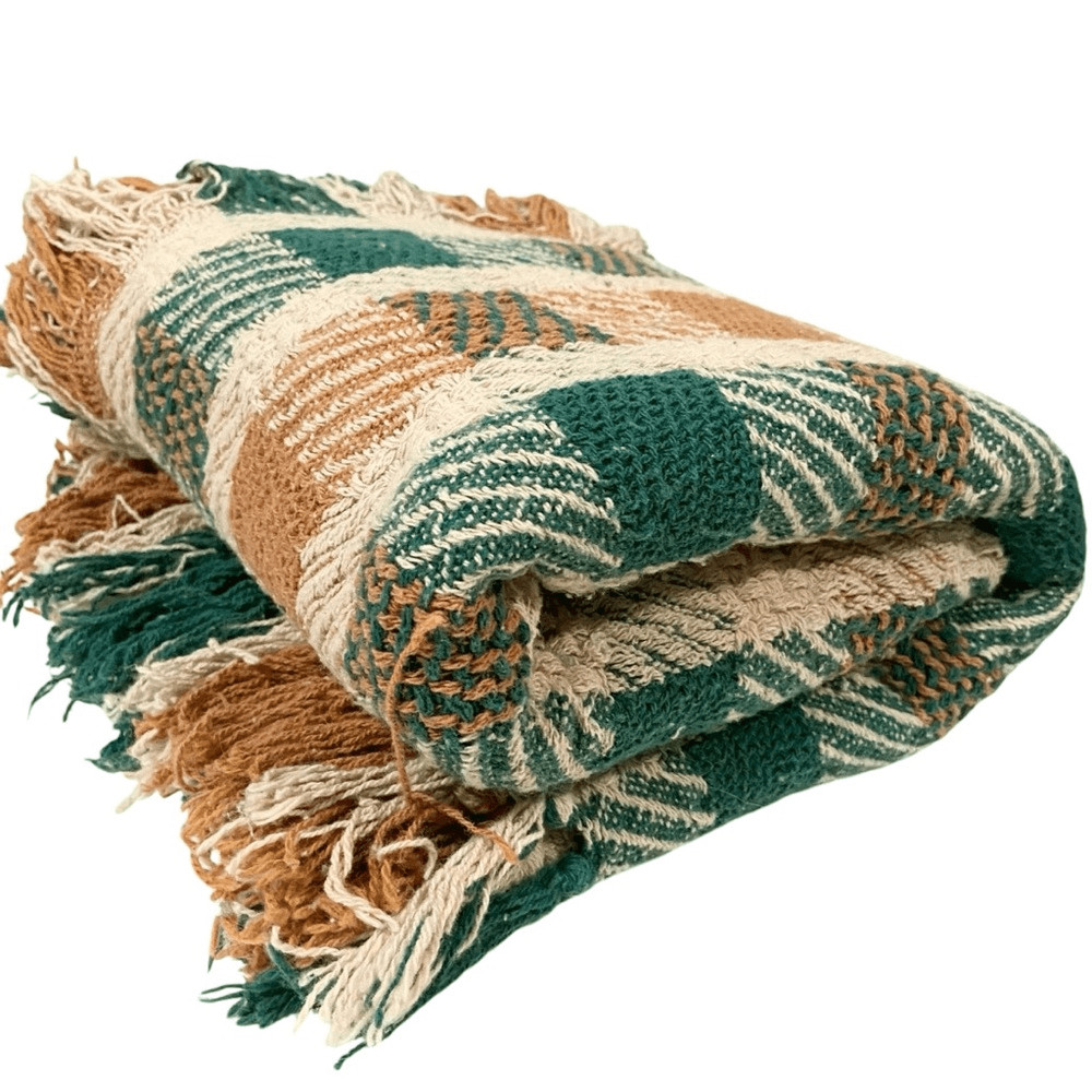 Boho Checkered Throw Blanket with Fringe in Blue and White