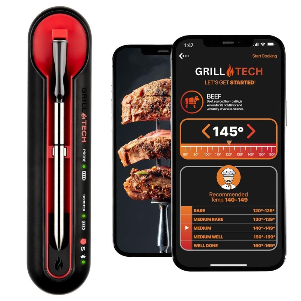 Grill Tech Bluetooth Meat Thermometer – Wireless, USB-C, Smart App