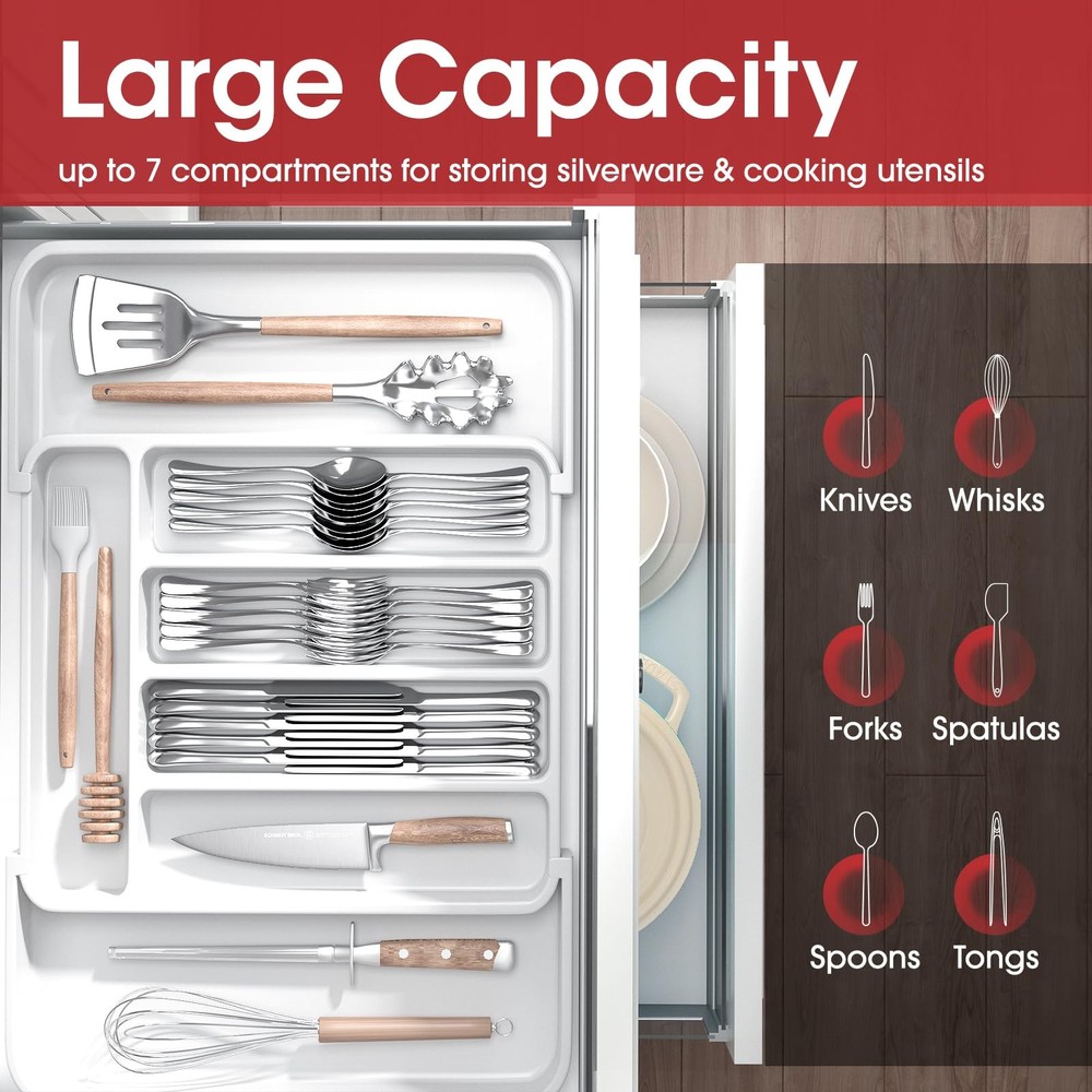 Aujen Silverware Organizer - Expandable Kitchen Drawer Medium, White