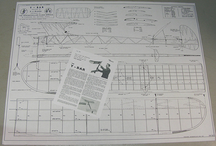 Model Airplane Plans (FF): Y-BAR 40" Contest Model for 1-1.5cc (1/2A) Engine