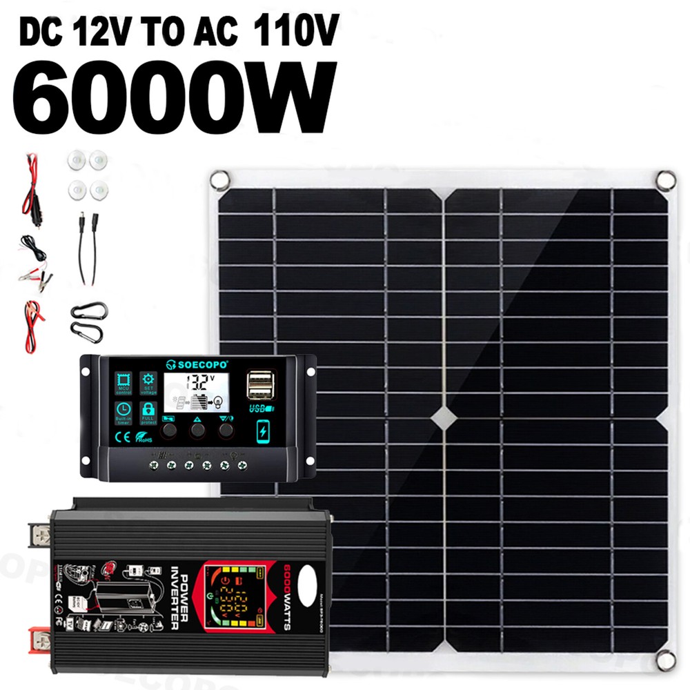 6000W Solar Panel Set Solar Power Inverter Generator 100A Home 110V Grid System