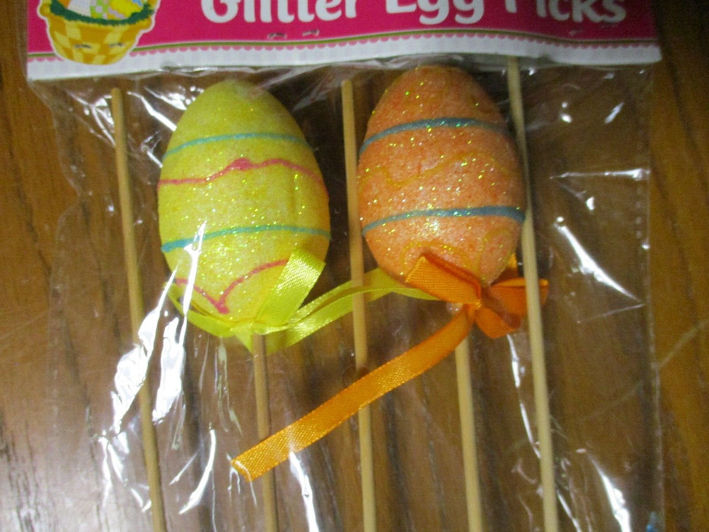 5 Easter Glitter Egg Picks Decor- 11" - Pink, Yellow, Orange, Blue - NIP