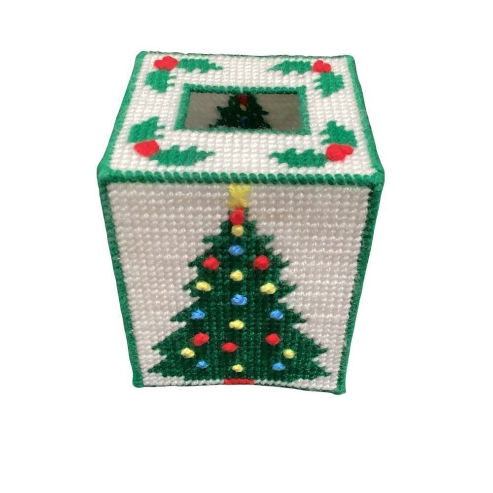 Handmade Plastic Canvas Christmas Tree Tissue Box Cover Coasters Set