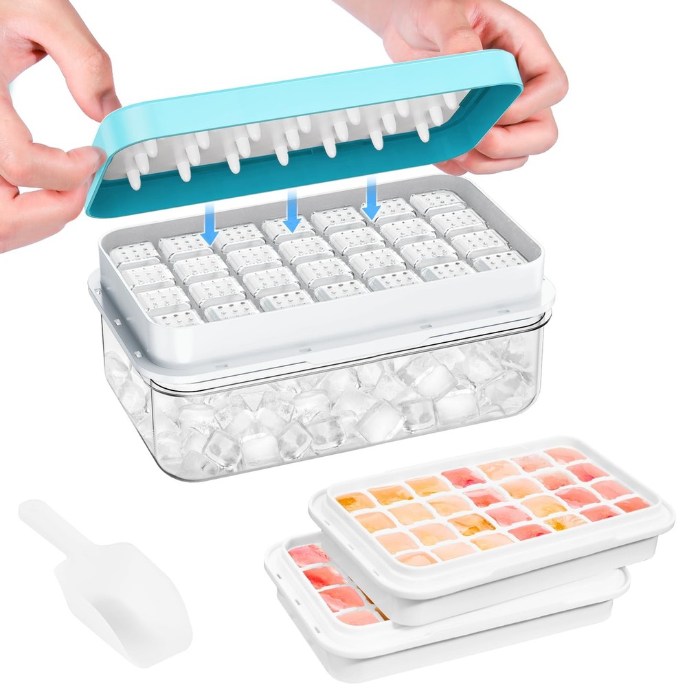 2PC Ice Cube Tray with Lid and Bin 56 Cubes BPA Free Easy Release Stackable