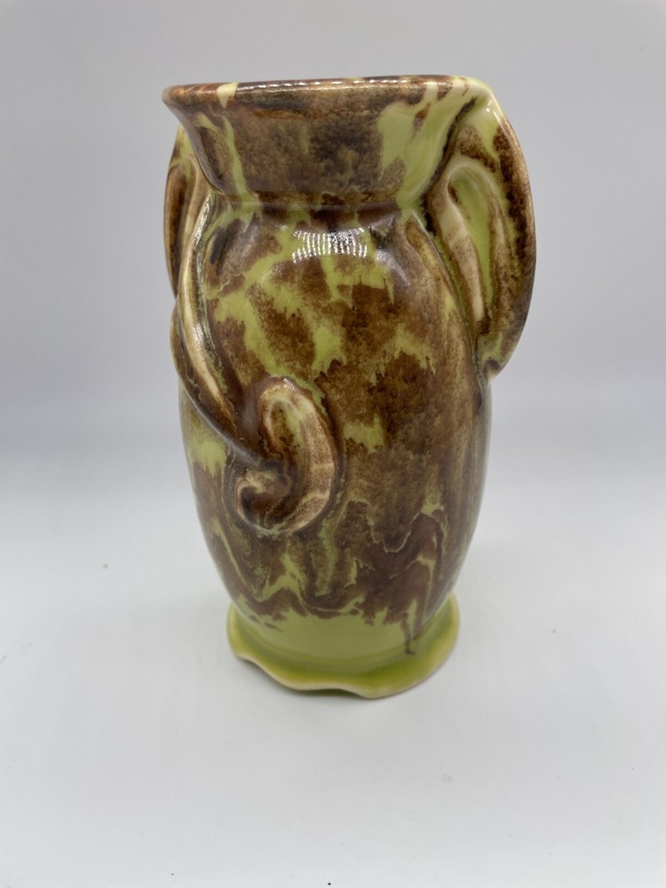 Vtg Pottery Handled Vase Green/Brown 5 1/2” #2