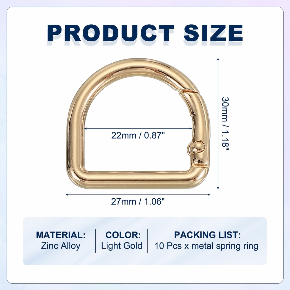 10 Pcs 27mm D Shaped Spring Snap Keychain Clip for Purses Light Gold