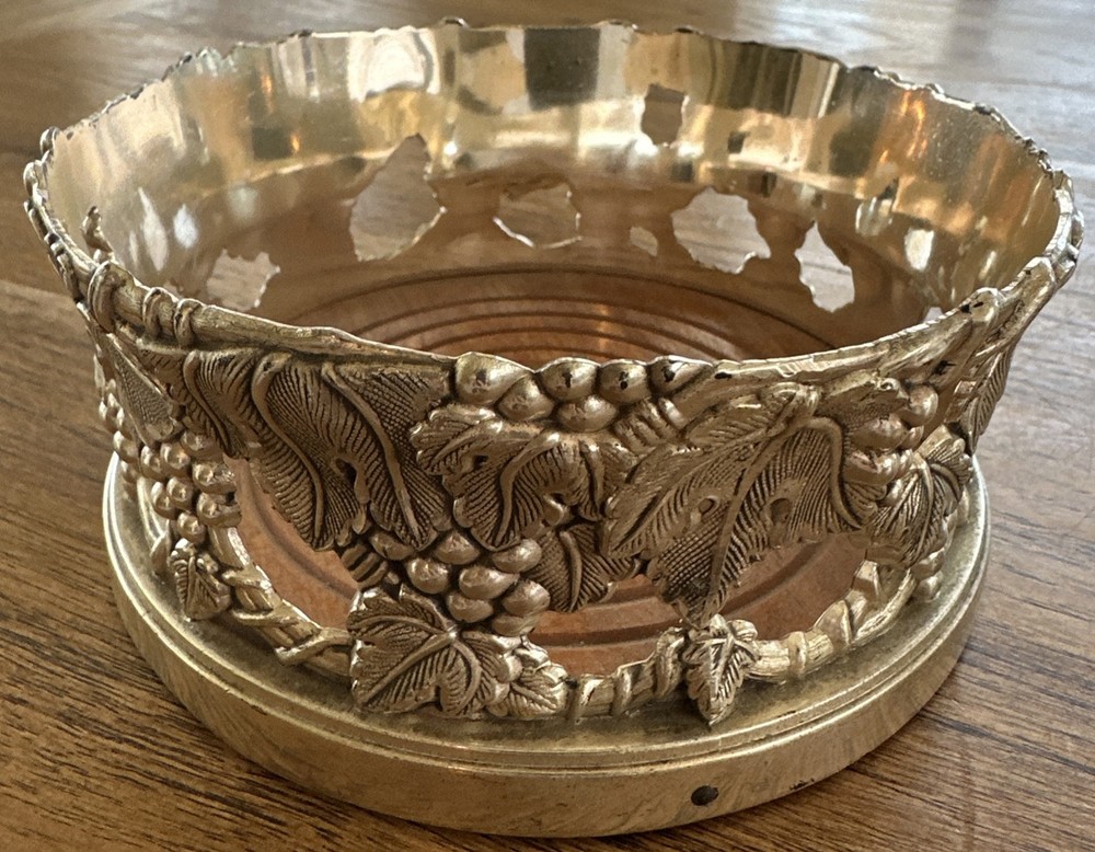 Vintage Silver Plated Wine Bottle Coaster with Grape on the Vine Pattern
