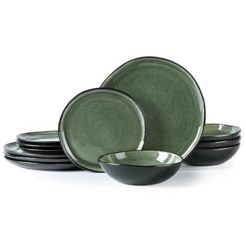 Ceramic Dinnerware Sets,Handmade Reactive Glaze Service for 4 Matte Jade Green