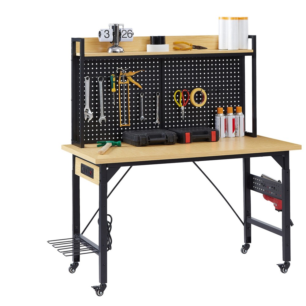 48''Adjustable Workbench w/pegboard,Heavy Duty Wooden Desktop Workbench w/Wheels