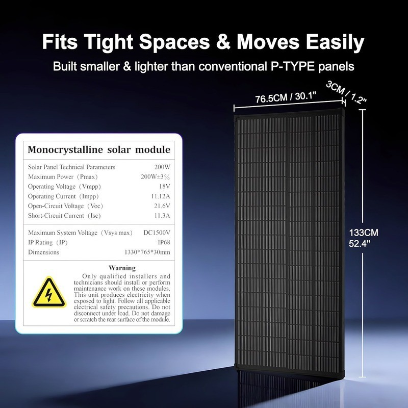 200W Mono N-Type Solar Panel Kit Off-Grid Battery Power RV Home Boat Camping US
