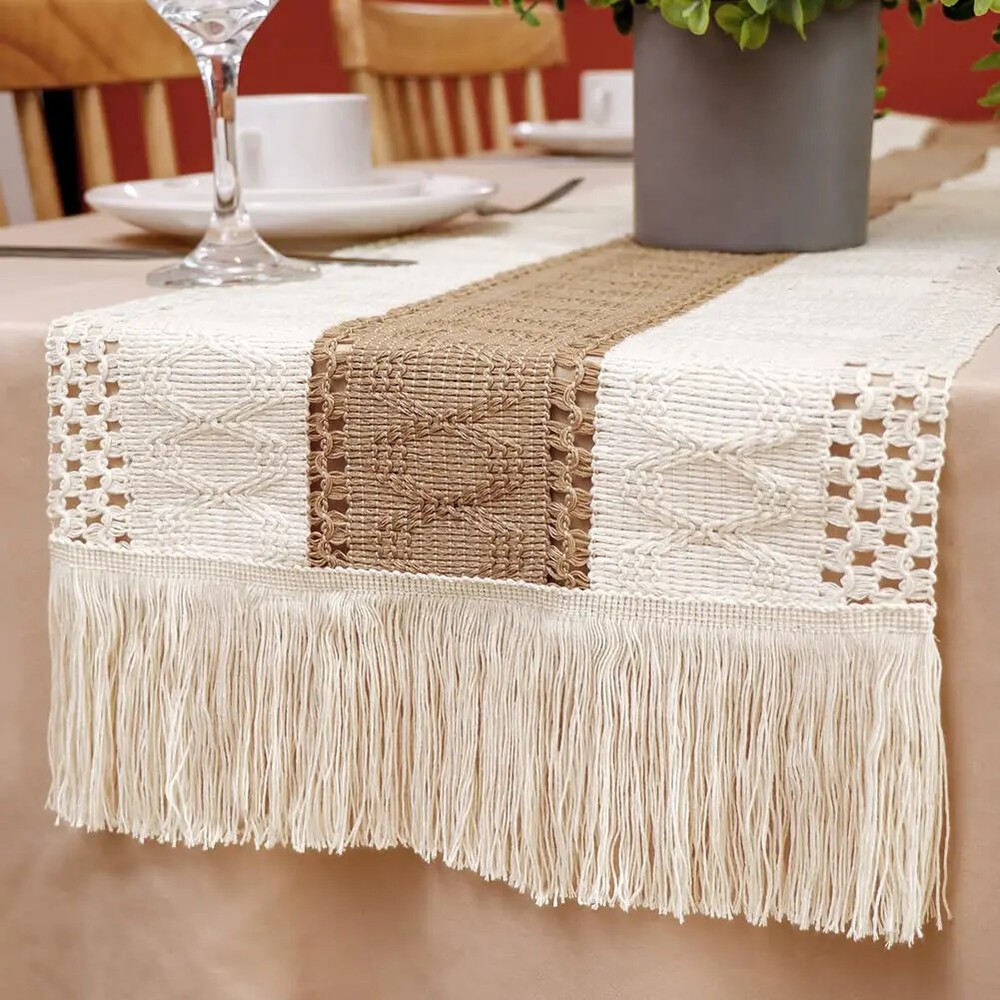 Splicing Burlap Table Runner Farmhouse Style, Boho Table Runner Modern Farmhouse