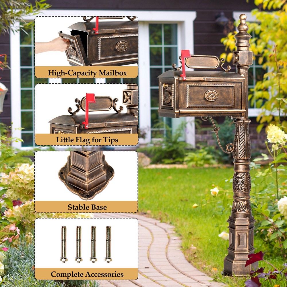 Decorative Post Mailbox Heavy Duty Rust-free Cast Aluminum Construction, Bronze