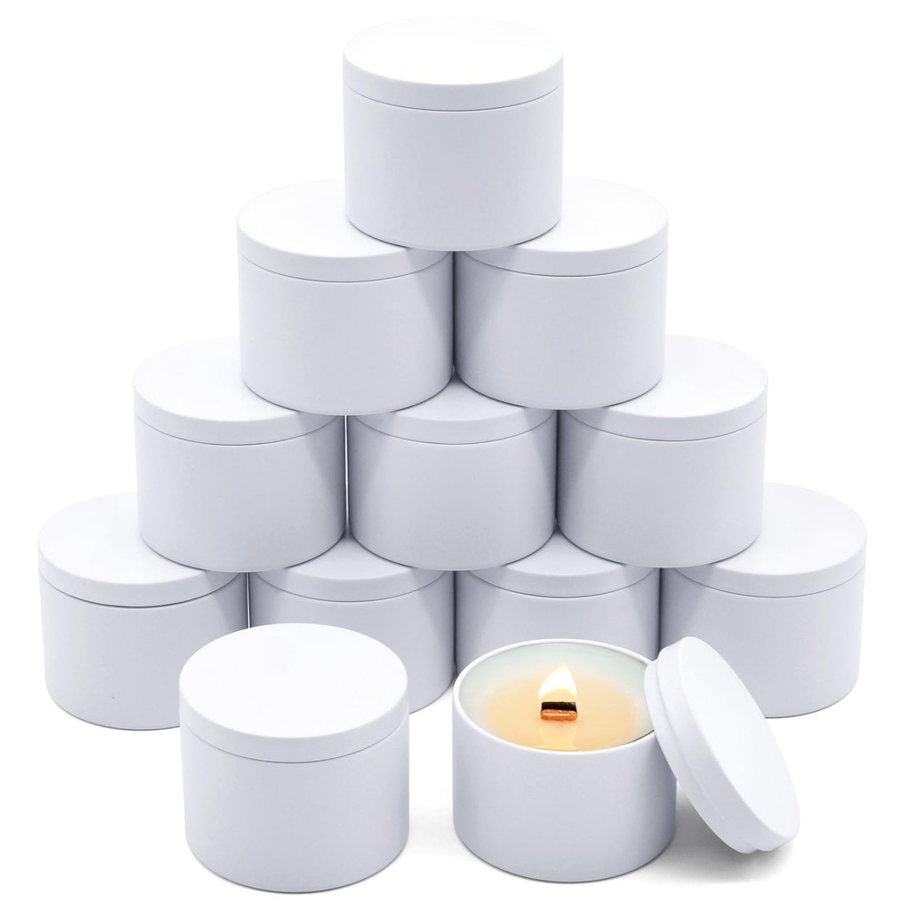 12Pack 4oz White Candle Tins with Lids Empty Metal Bulk Containers