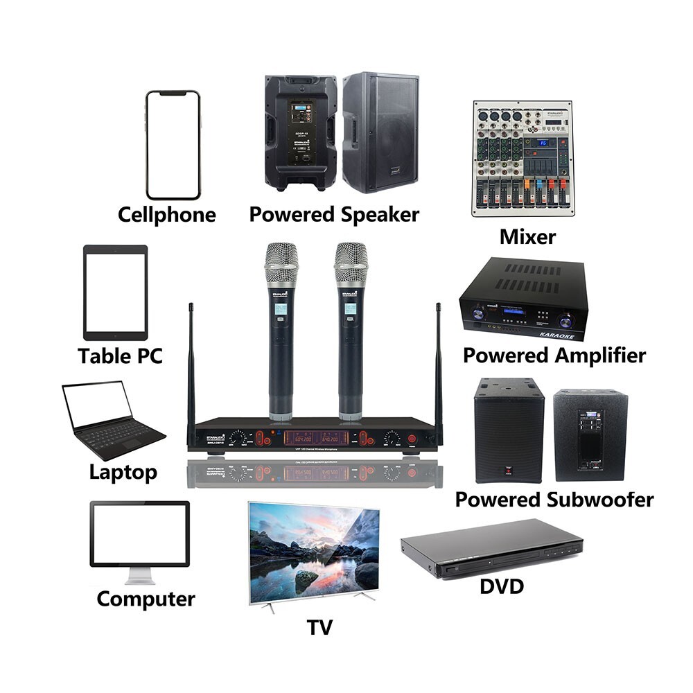 Wireless Microphones System Dynamic 2Channel Handheld Mic Karaoke UHF Microphone