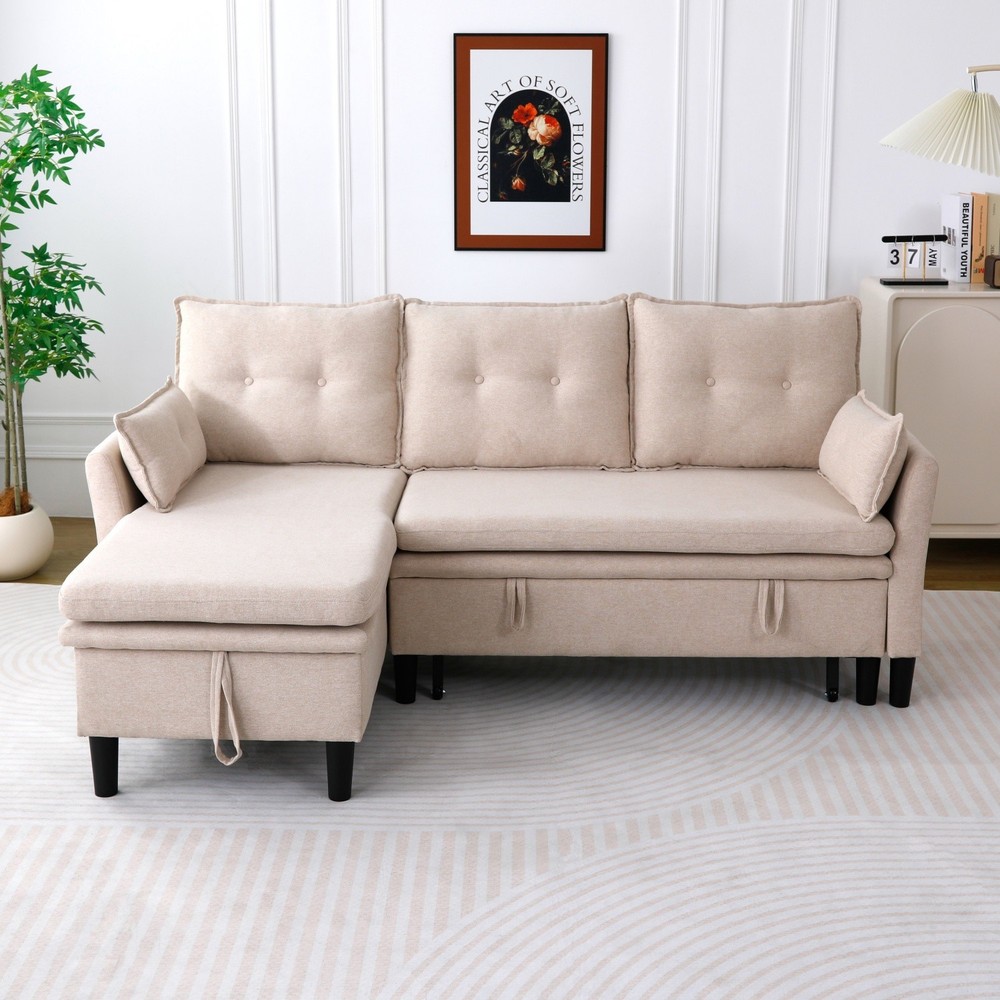 Modern L-Shaped Cotton-Linen Sectional Sleeper Sofa with Pull Out Bed & Storage