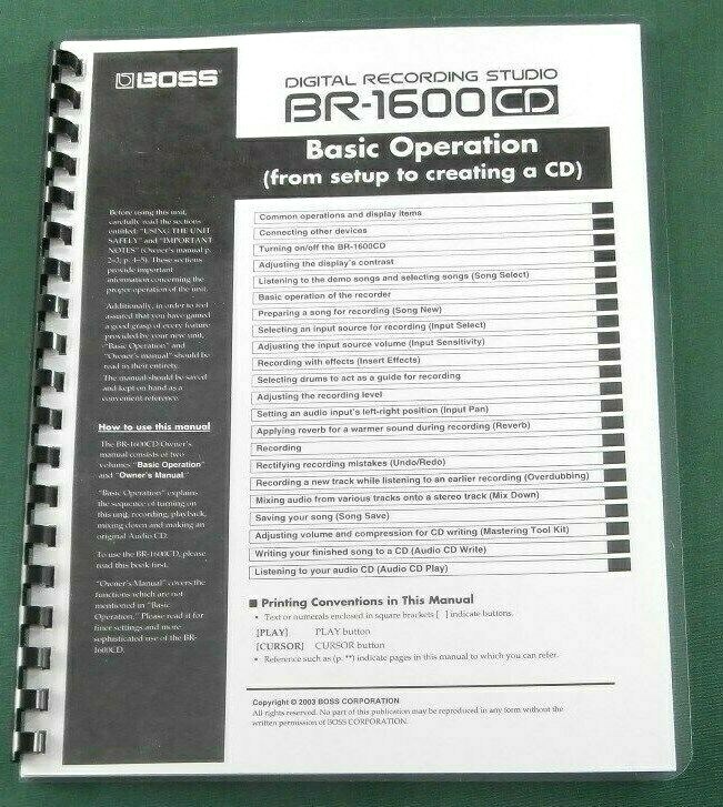 Boss BR-1600CD Basic Operation Manual: Comb Bound with Protective Covers!