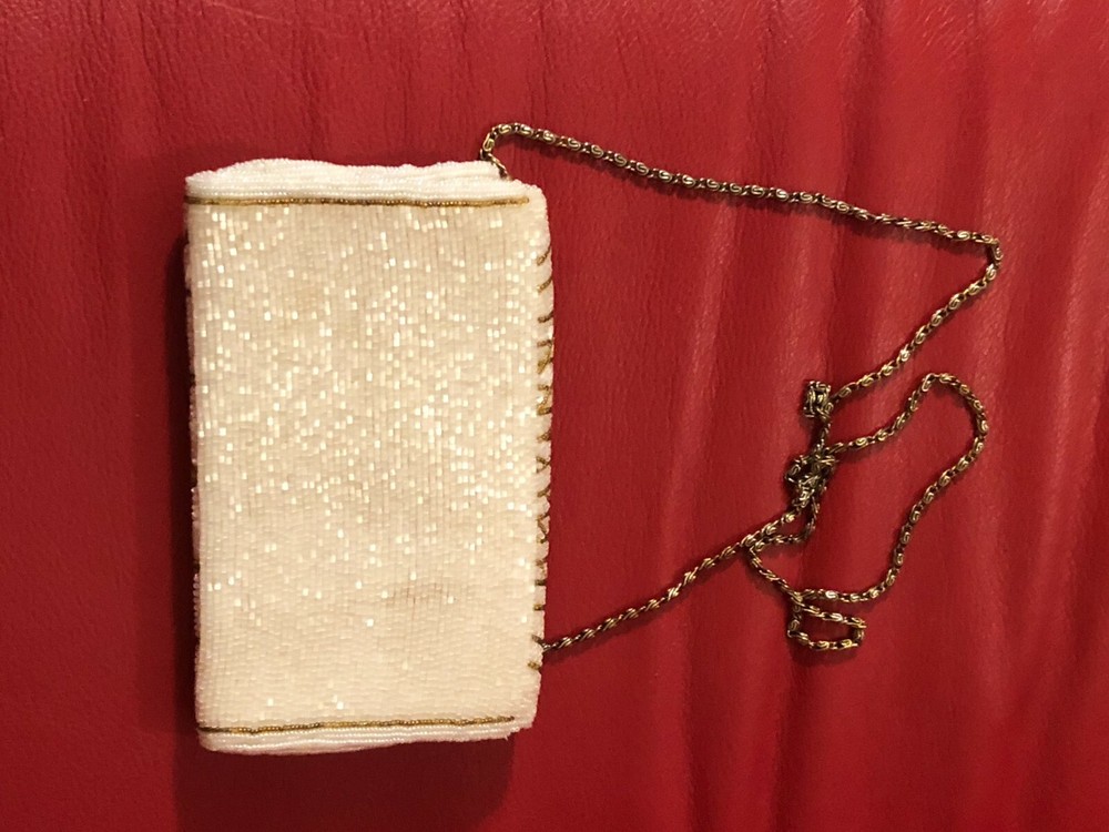 Vintage White & Gold Beaded Clutch