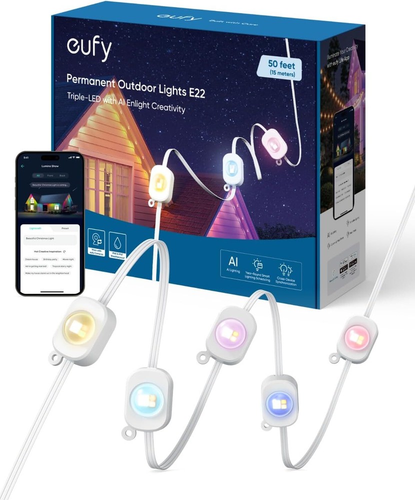 eufy Permanent Outdoor Lights E22 50ft String Triple-LED Smart RGBWW APP Control