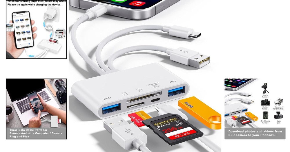 Compact 5-in-1 SD Card Reader for iPhone/iPad with Fast Transfer & Charging
