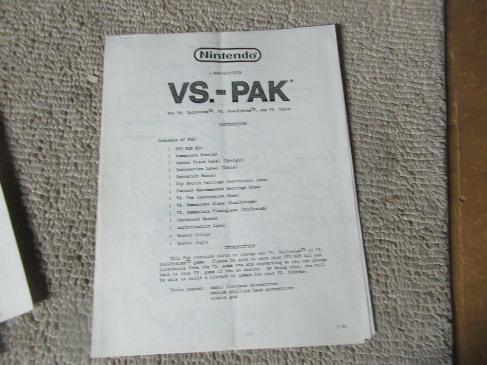 vs pak nintendo table , unisystem dual system   ARCADE GAME MANUAL pack