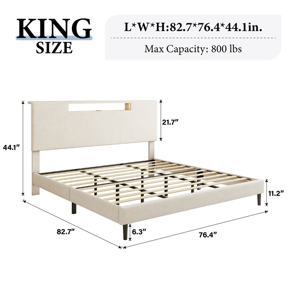 Upholstered Platform Bed Large Size Frame With LED Light And Charging Function