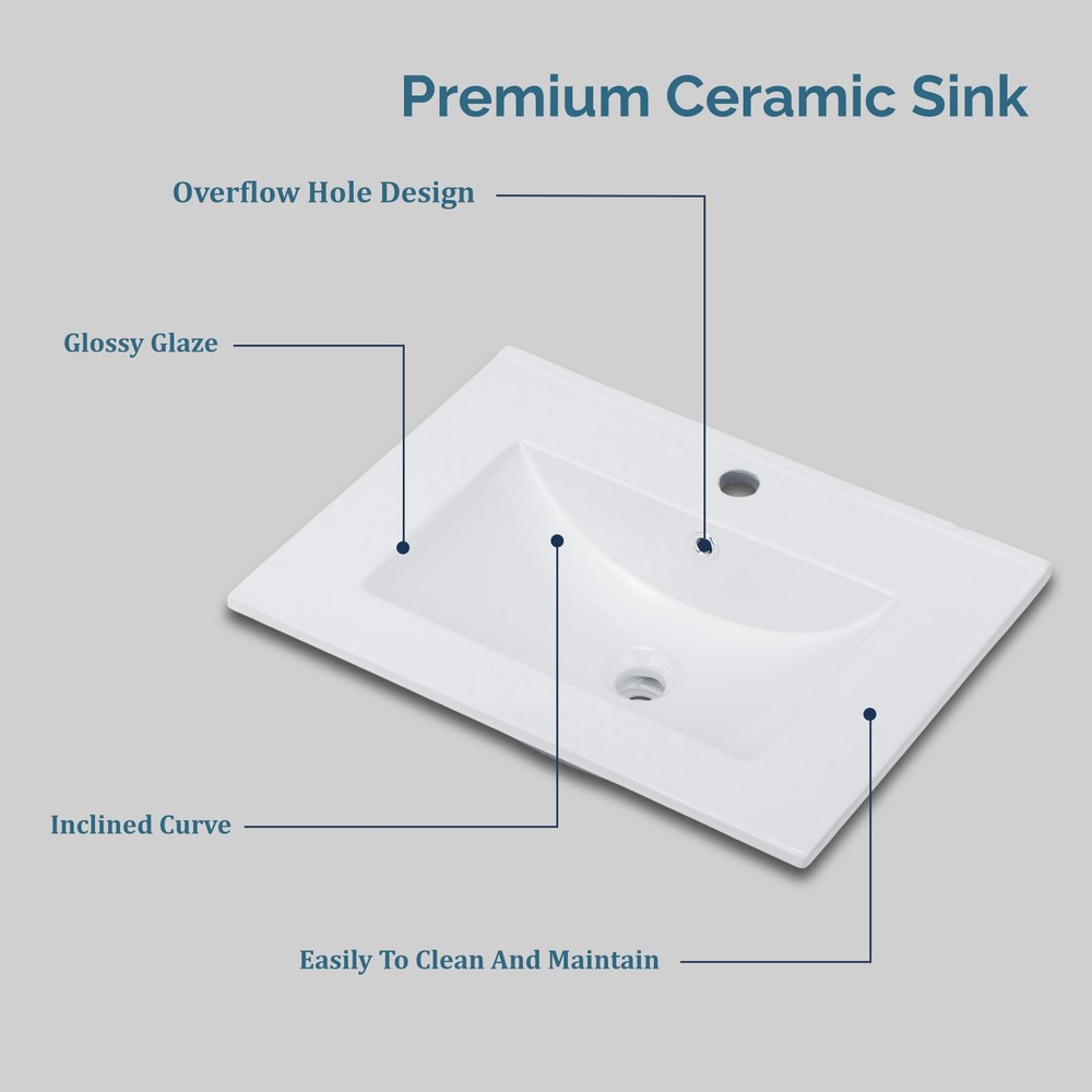 24" White Ceramic Vanity Top, Single Hole Rectangular Sink Basin w/ Faucet Hole