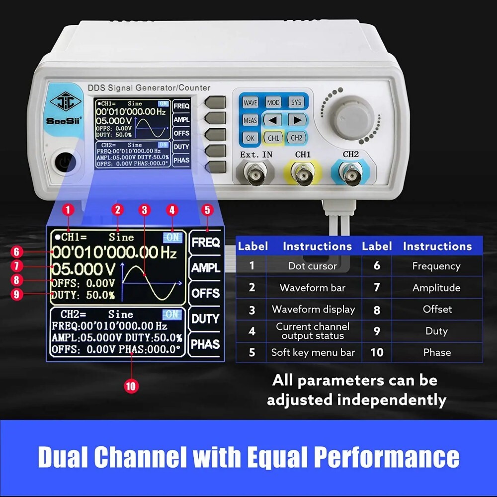 60MHz DDS 2-Channel Arbitrary Function Signal Generator Counter Frequency Meter