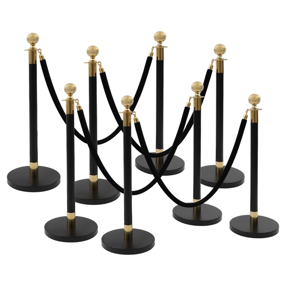 8PCS Black+Gold Stanchion Posts Queue Pole w/ 4 1.5M Ropes Crowd Control Barrier