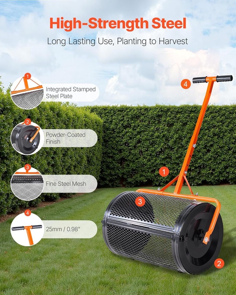 Durable Powder-Coated Peat Moss Roller with Adjustable T-Handle - 2.66 cu ft