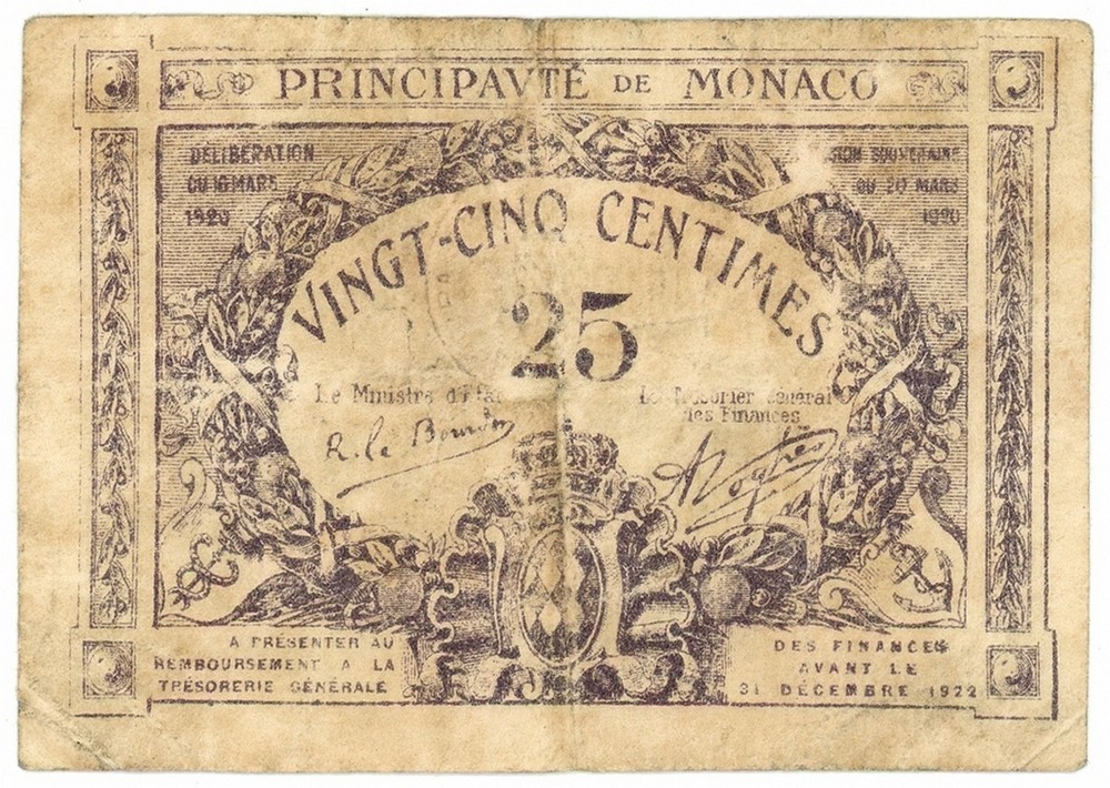 25 CENTIMES PRINCIPAUTÉ DE MONACO EMERGENCY ISSUES 20/03/1920 qBB