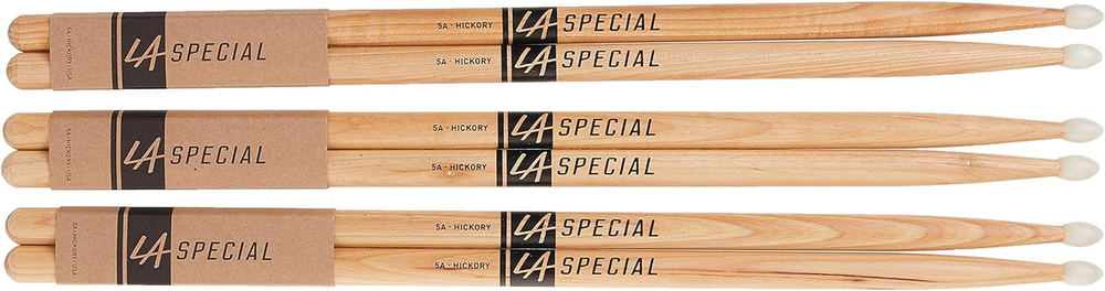 LA SPECIALS 5A Hickory Drumsticks Oval Nylon Tip Three Pairs