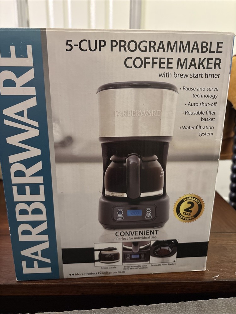Farberware Programmable 5-Cup Filter Coffee Machine Black Silver Glass Carafe