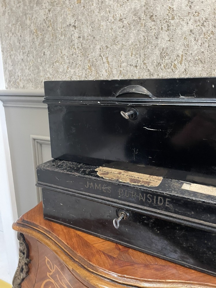 Antique Alexander Finlay metal Deed Box , Pilot deeds box