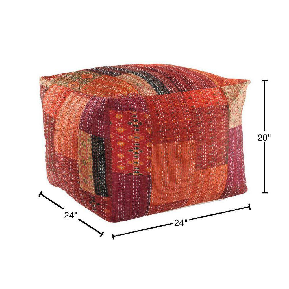Faith Red Patchwork Hand-Stitched Cotton Blend Ottoman Pouf