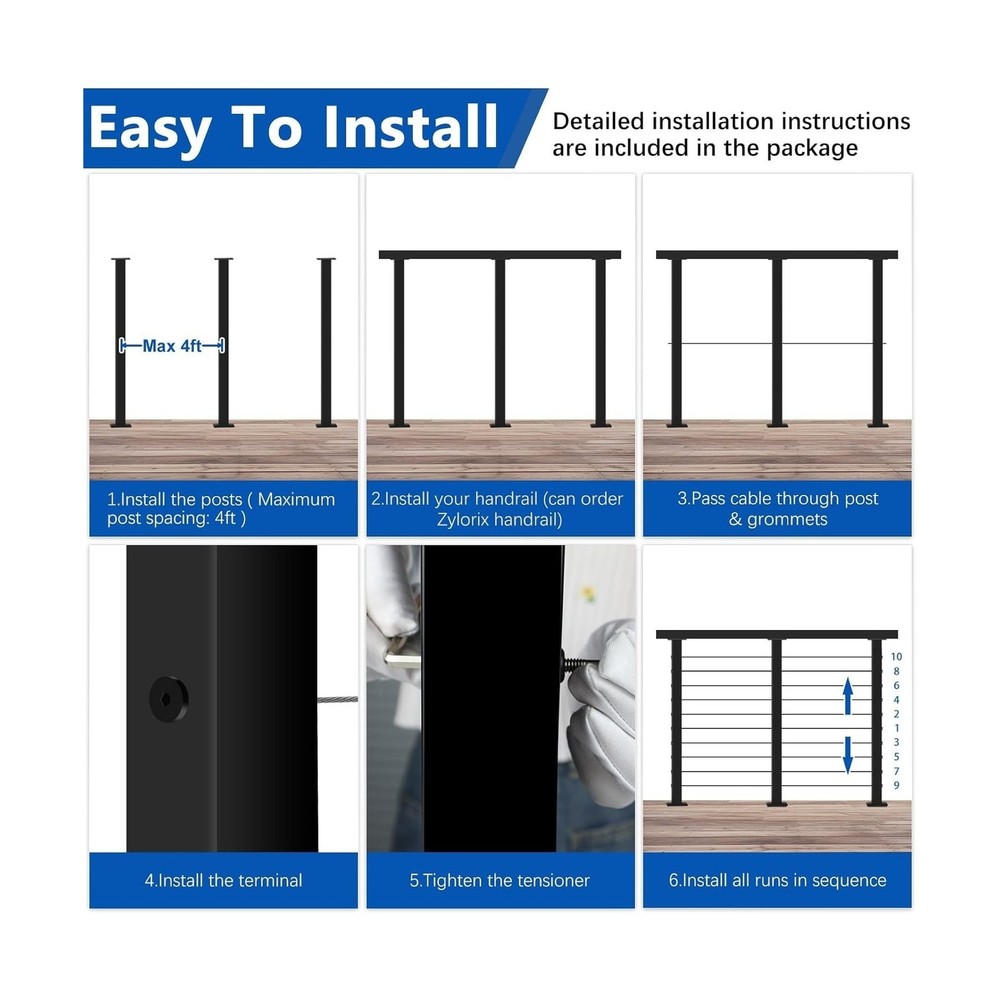 36" Expandable 20-24FT Black T304 Cable Railing Post Kit, Complete Cable Rail...