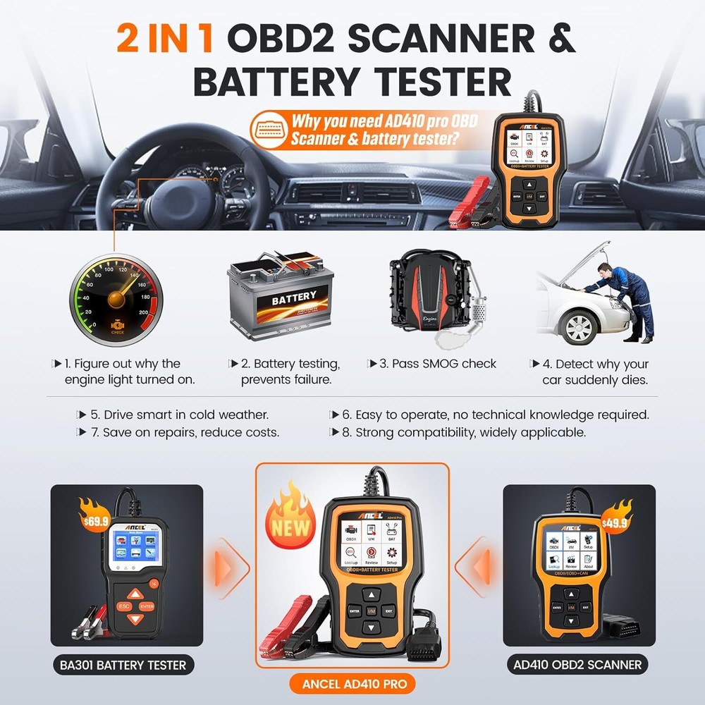 ANCEL AD410 PRO Battery Tester & OBD2 Scanner Auto Code Reader Diagnostic Tool