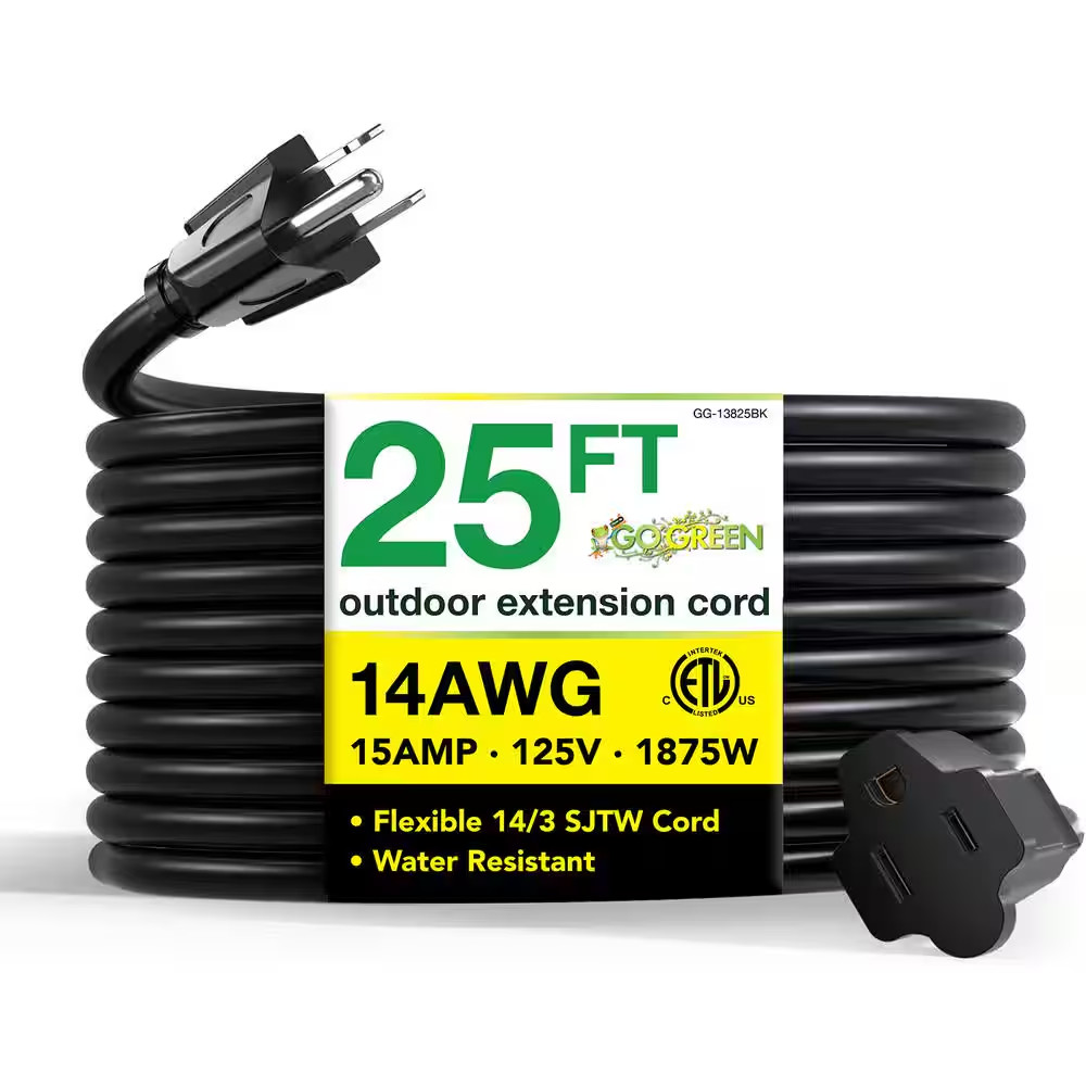 25 Ft. 14/3 SJTW Outdoor Extension Cord, Black