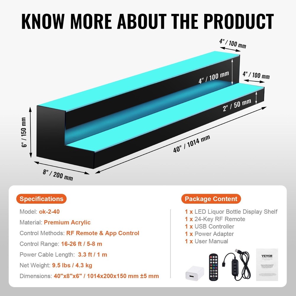 LED Illuminated 40in 2-Step Bar Display 7 Static Colors Speed Adjustment