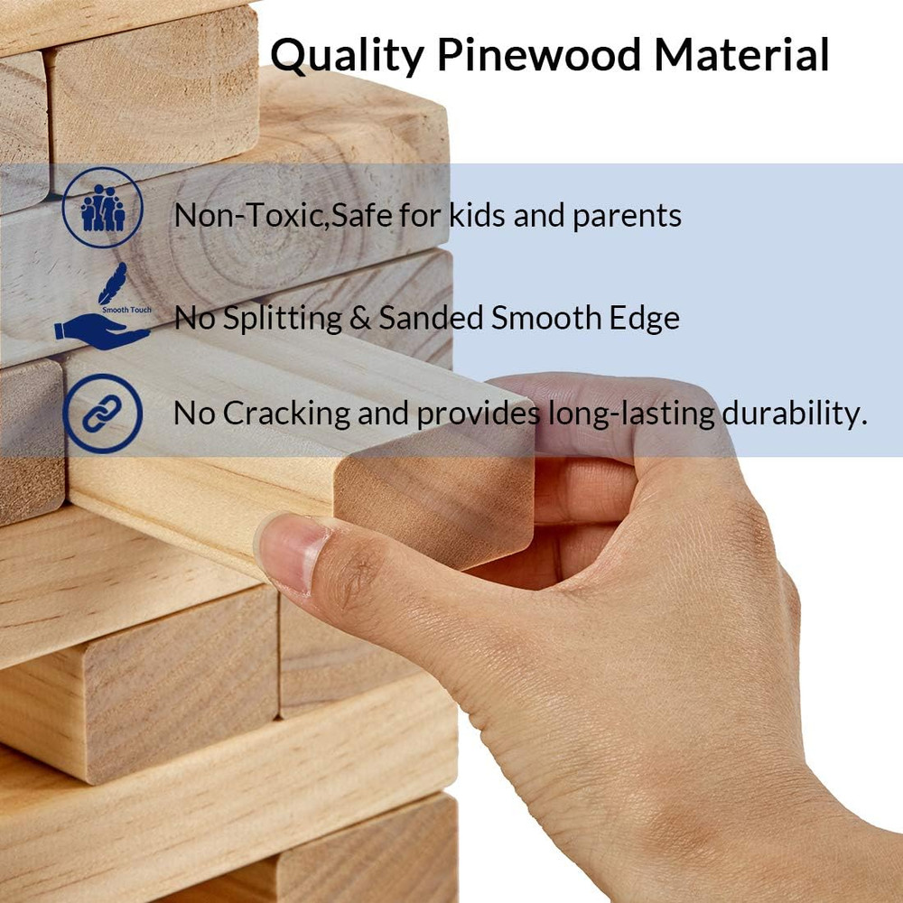 Giant Tumble Tower (Stack from 2Ft to over 4.2Ft), 54 PCS Pine Wooden Stacking T