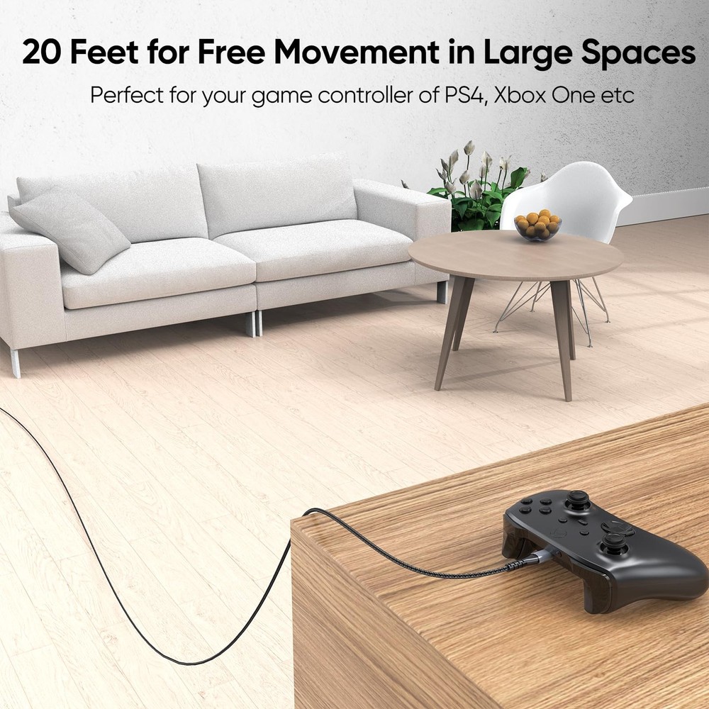 FEMORO Micro USB Cable 20 Ft, PS4 Controller Charging Cable, 20 Feet, Grey