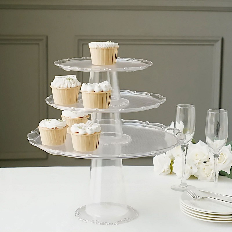3 CLEAR Plastic Stackable Pedestals Round CUPCAKE Display STANDS Set Party Event