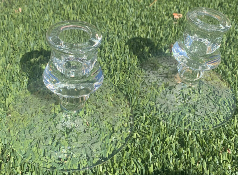 Orchid Etched Crystal Single Lite Candlestick Pair