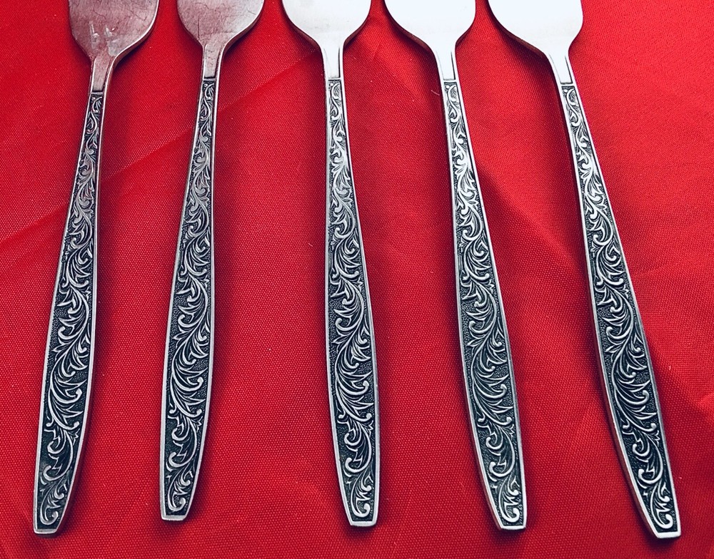 5 UNF262 DINNER FORKS SCROLLS BLK ACCENT UNKNOWN MAKER VTG JAPAN RETIRED HTF