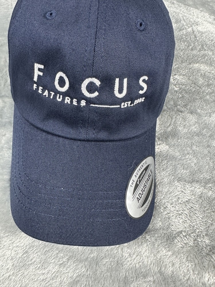 Focus Features Logo Hat Strap Back Cap Blue White Spell Out Adjustable Sizing