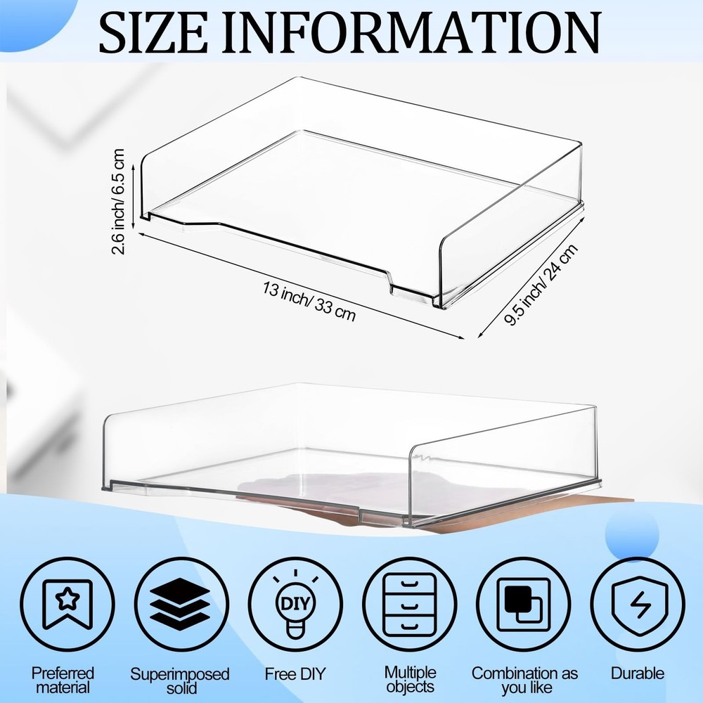 2 Pcs Stackable Letter Tray Rectangular Plastic Desk Organizer 13 x 9.5 x 2.6...
