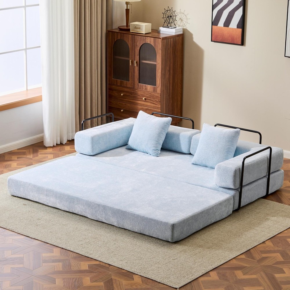Light Blue Chenille Convertible Floor Sofa Bed W/ Pillow Armrest