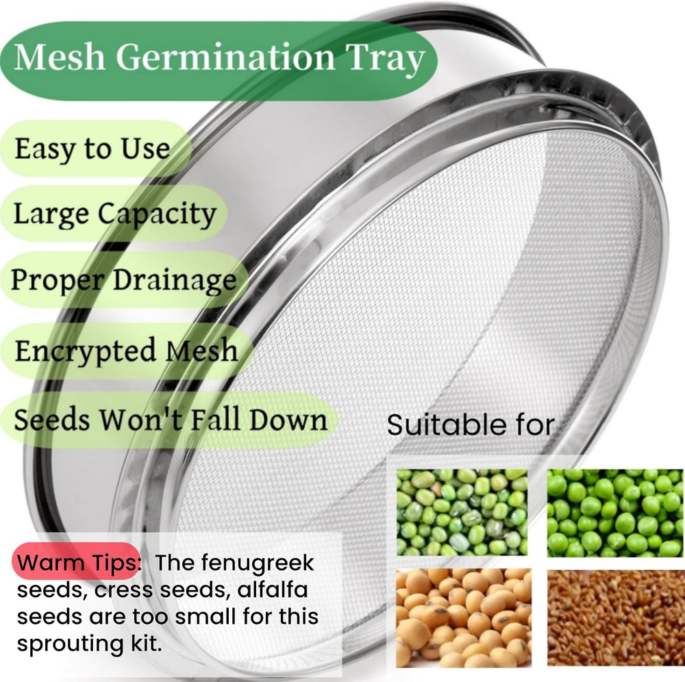 9" Stackable Stainless Steel Seed Sprouting Kit, 3-Tier Mesh Germination Tray, S