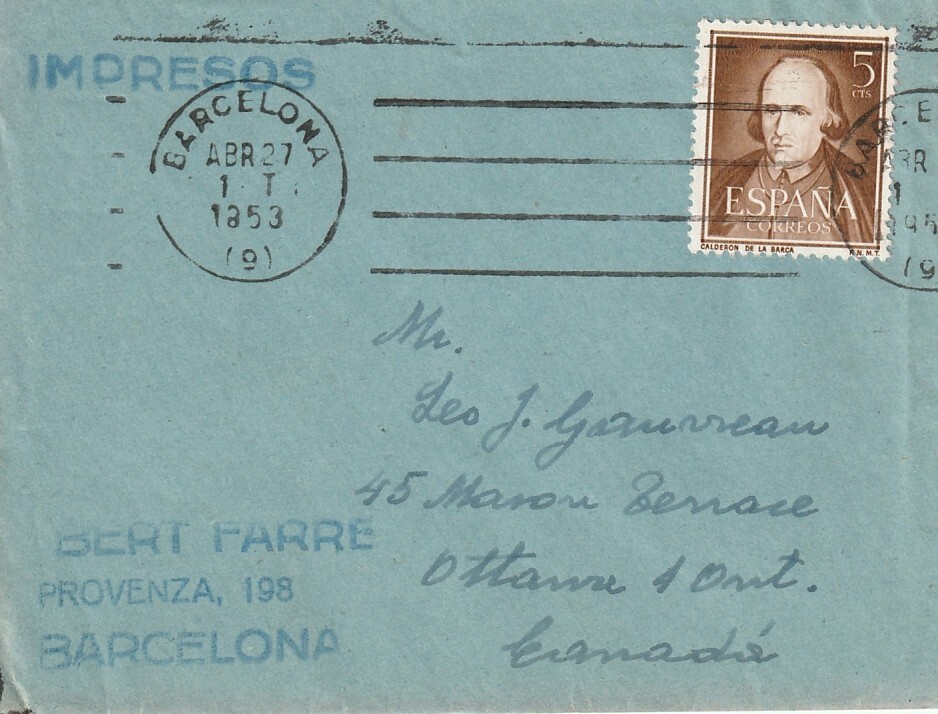 SPAIN: Printed matter Barcelona to Canada 1953.