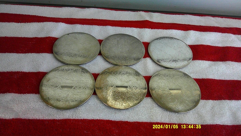 six Vintage round Silver- Plated Drink Coasters